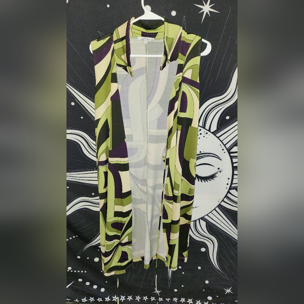Moa Moa Olive Green, Cream & Deep Purple Abstract Print Top